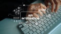 Hands Typing on Keyboard with API Integration Concept, Data Visualization and Technology Elements in Background Royalty Free Stock Photo