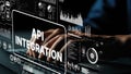 Hands Typing on Keyboard with API Integration Data Visualization and Statistics in Background for Technology Concepts Royalty Free Stock Photo