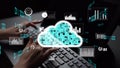 Hands Typing on Keyboard with Cloud Computing Graphics and Data Analytics Displayed on Computer Screen for Digital Royalty Free Stock Photo