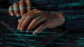 Hands Typing on Keyboard with Code Overlay, Emphasizing Digital Technology, Programming Concepts, and Computer Science Royalty Free Stock Photo