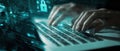 The Hands Typing on a Keyboard with Cybersecurity Graphics and Data Visualization AI generated image Royalty Free Stock Photo