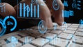 Hands Typing on Keyboard with Data Analysis Graphs and Visualizations in Background for Digital Marketing and Business Royalty Free Stock Photo