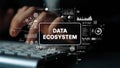 Hands Typing on Keyboard with Data Ecosystem Graphics on Screen, Digital Technology Concept for Data Analysis and Royalty Free Stock Photo