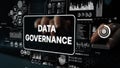 Hands Typing on Keyboard with Data Governance Text Overlaid and Data Visualization Elements in Background. Asymptotic Royalty Free Stock Photo