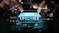 Hands Typing on Keyboard with Data Lifecycle Concept and Infographic Elements in a Digital Environment. Asymptotic smart Royalty Free Stock Photo