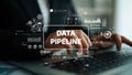 Hands Typing on Keyboard with Data Pipeline Concept, Analytics, Charts, and Graphs in Background for Business and Royalty Free Stock Photo