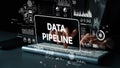 Hands Typing on Keyboard with Data Pipeline Graphics and Analytics Visualization Concept in Modern Workspace. Asymptotic Royalty Free Stock Photo