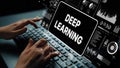 Hands Typing on Keyboard with Deep Learning Concept and Futuristic Data Visualizations on Computer Screen. Asymptotic Royalty Free Stock Photo