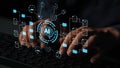 Hands Typing on Keyboard with Digital AI Concepts Overlaid, Representing Technology, Innovation, and Future Developments Royalty Free Stock Photo
