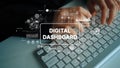 Hands Typing on Keyboard with Digital Dashboard Graphics and Data Analytics Visuals for Business and Technology Concepts Royalty Free Stock Photo