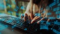Hands typing on keyboard with digital data overlay visualizing technology concepts and graphs in a modern workspace Royalty Free Stock Photo