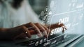 Hands Typing on Keyboard with Digital Data Strategy Interface Featuring Graphs, Icons, and Data Visualization Elements Royalty Free Stock Photo