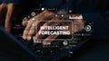 Hands Typing on Keyboard with Digital Data Visualization for Intelligent Forecasting Concept in Technology Environment Royalty Free Stock Photo