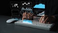 Hands Typing on Keyboard with Digital Data Visualizations and Graphs Symbolizing Business Analysis and Financial Royalty Free Stock Photo