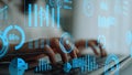 Hands Typing on Keyboard with Digital Data Visualizations Representing Business Analytics, Statistics, and Performance Royalty Free Stock Photo