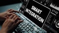 Hands Typing on Keyboard with Digital Interface Representing Smart Integration Technology Concept. Asymptotic smart data Royalty Free Stock Photo
