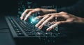 hands typing on a keyboard with digital overlay, representing coding, programming, cybersecurity, or data analysis in a modern set Royalty Free Stock Photo