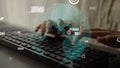 Hands Typing on Keyboard with Digital World Map Overlay and Data Visualization Elements Representing Global Connectivity Royalty Free Stock Photo