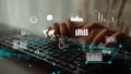 Hands Typing on Keyboard with Dynamic Data Visualization and Analytical Graphs Overlay for Modern Technology and Royalty Free Stock Photo