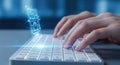 Hands typing on keyboard with glowing digital data stream overlay in modern tech setting Royalty Free Stock Photo