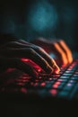 Hands typing on keyboard with glowing red light Royalty Free Stock Photo
