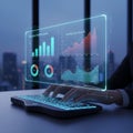 Hands typing on keyboard large holographic business analytics dashboard with bar and line charts Royalty Free Stock Photo