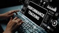 Hands Typing on Keyboard with Performance Tracking Graphics and Data Visualization Overlays in a Modern Workspace Royalty Free Stock Photo