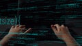Hands typing on a keyboard with programming code and data streams illuminated on a dark background, depicting the Royalty Free Stock Photo