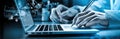 Hands typing on keyboard. Programming online database. Data processing center concept. Royalty Free Stock Photo