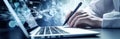Hands typing on keyboard. Programming online database. Data processing center concept. Royalty Free Stock Photo