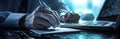Hands typing on keyboard. Programming online database. Data processing center concept. Royalty Free Stock Photo