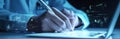 Hands typing on keyboard. Programming online database. Data processing center concept. Royalty Free Stock Photo