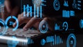 Hands Typing on Keyboard Surrounded by Digital Graphs and Charts Representing Data Analysis and Business Insights in Royalty Free Stock Photo
