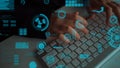 Hands Typing on Keyboard Surrounded by Digital Interface Elements, Data Visualization Graphics, Business Analytics Royalty Free Stock Photo