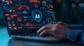 Hands Typing on Laptop with AI Interface Futuristic Technology Concept Digital Innovation AI generated. Royalty Free Stock Photo