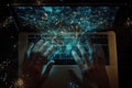 Hands typing on a laptop as digital networks and data streams illuminate th Royalty Free Stock Photo