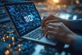 Hands typing on laptop binary code glowing screen digital technology programming