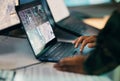 Hands typing, laptop and closeup on table of military intelligence, map and research on internet. Computer, soldier and