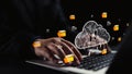 Hands Typing on Laptop with Cloud Computing Icon and Digital File Transfer Concept Representing Data Management and Royalty Free Stock Photo