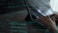 Hands Typing on Laptop with Code Overlay, Close-Up View of Programming Environment, Digital Workspace for Software Royalty Free Stock Photo