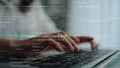 Hands Typing on Laptop with Code Overlay, Software Development, Programming Environment, Close-Up of Fingers, Technology Royalty Free Stock Photo