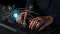 Hands Typing on Laptop with Digital AI Interface and Technology Icons Representing Innovation, Data Analysis, and Future Royalty Free Stock Photo