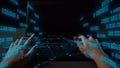 Hands Typing on Laptop with Digital Binary Code and Network Visualization Creating a Futuristic Data Analysis Concept Royalty Free Stock Photo