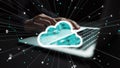 Hands typing on laptop with digital cloud computing concept, data transfer, technology innovation, network symbols and Royalty Free Stock Photo