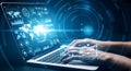 Hands typing on laptop with digital data analytics and global network visualization Royalty Free Stock Photo