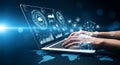 Hands typing on laptop with digital data visualization and global network Royalty Free Stock Photo