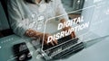 Hands typing on a laptop with digital disruption graphics and data analysis elements in a modern workspace setting Royalty Free Stock Photo