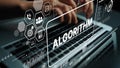 Hands typing on laptop with digital graphics representing algorithm, data analysis, and technological innovation in Royalty Free Stock Photo