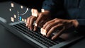 Hands typing on a laptop with digital icons and data analysis graphics, representing e-commerce growth and technology in Royalty Free Stock Photo