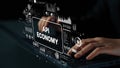 Hands Typing on Laptop with Digital Interface and API Economy Concept Visualization in Modern Workspace. Asymptotic Royalty Free Stock Photo